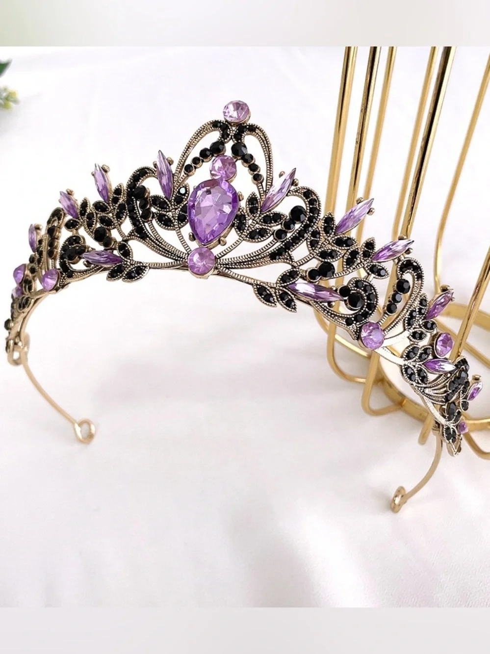Gold Filigree Tiara Headband with Purple Crystals - Women's Hair Accessory